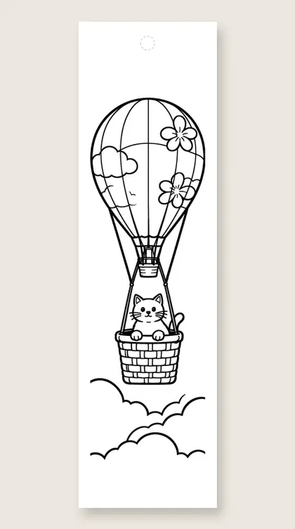 Cat in a hot air balloon: cat coloring bookmark