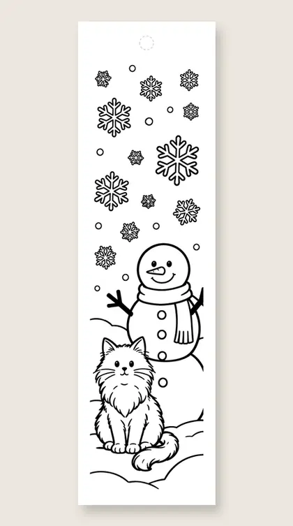 Fluffy cat with a snowman: cat coloring bookmark