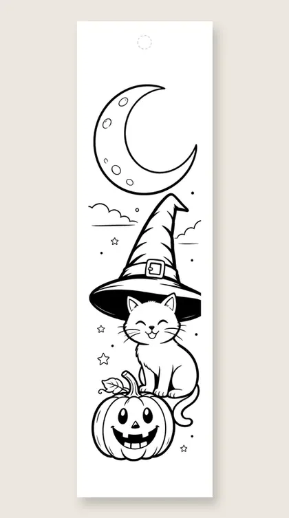 Cat in a witch hat: cat coloring bookmark