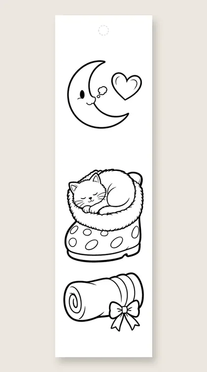 Kitten asleep in a slipper: cat coloring bookmark