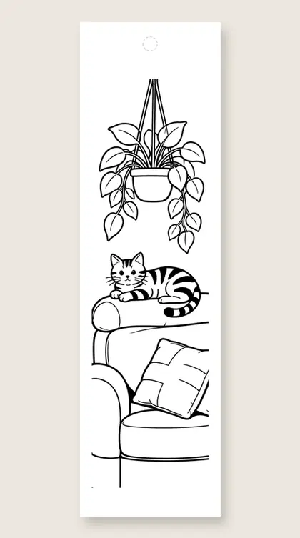 Tabby cat and a hanging plant: cat coloring bookmark