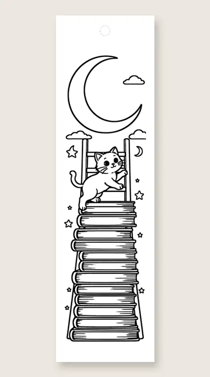 Kitten climbing a ladder of books: coloring bookmark