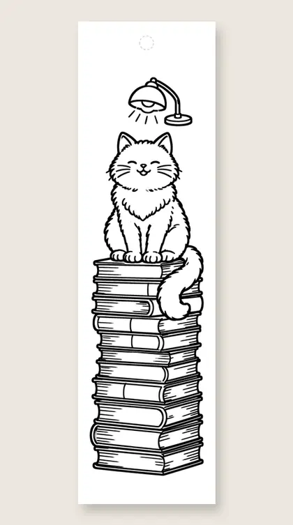 Cat on books under a lamp: coloring bookmark