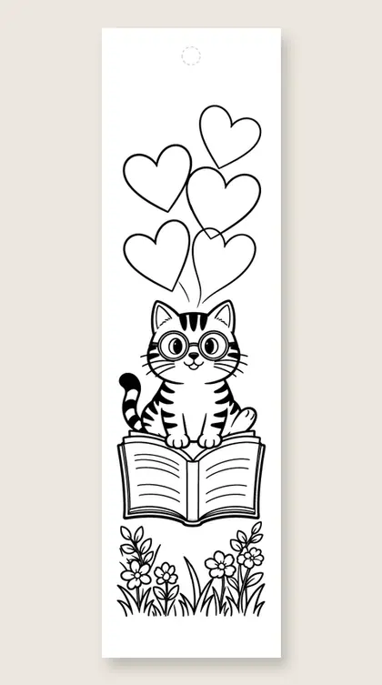 Tabby cat with reading glasses: coloring bookmark