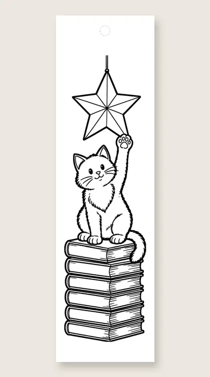 Kitten reaching for a paper star: coloring bookmark