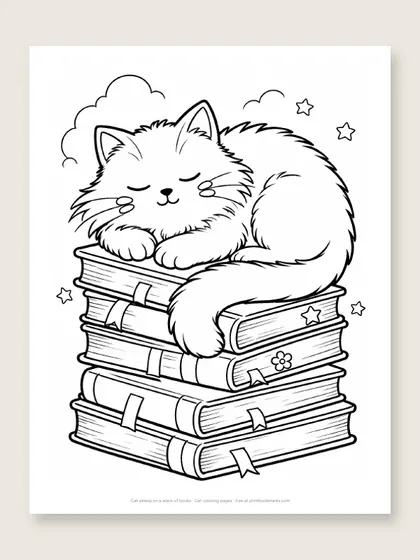 Cat asleep on a stack of books: cat coloring page