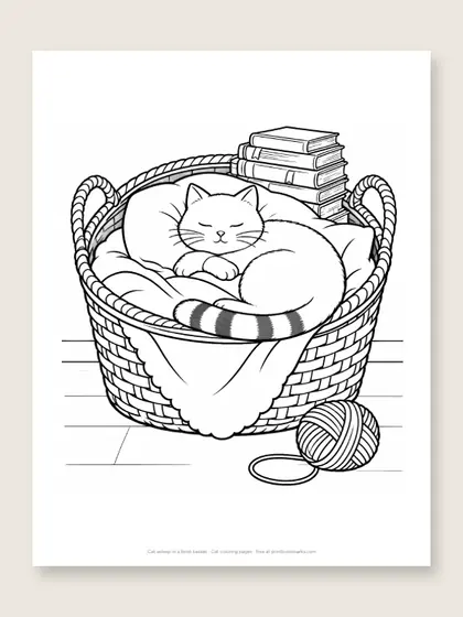 Cat asleep in a book basket: cat coloring page