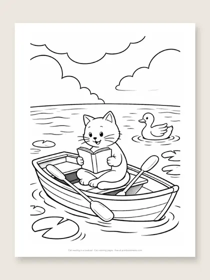 Cat reading in a rowboat: cat coloring page
