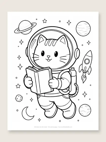 Astronaut cat with a book: cat coloring page