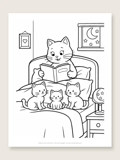 Bedtime story with kittens: cat coloring page