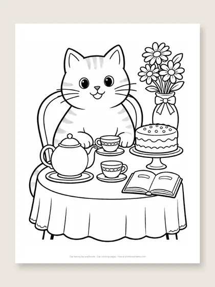 Cat having tea and books: cat coloring page