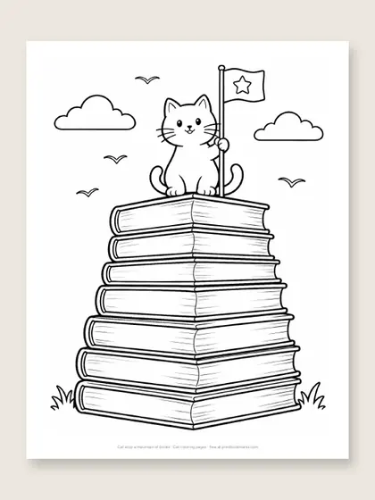 Cat atop a mountain of books: cat coloring page