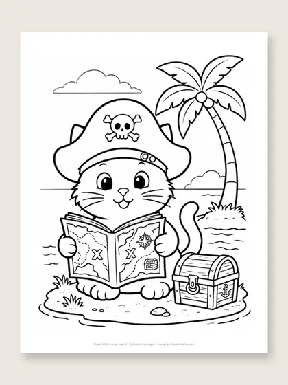 Pirate kitten on an island: cat coloring page