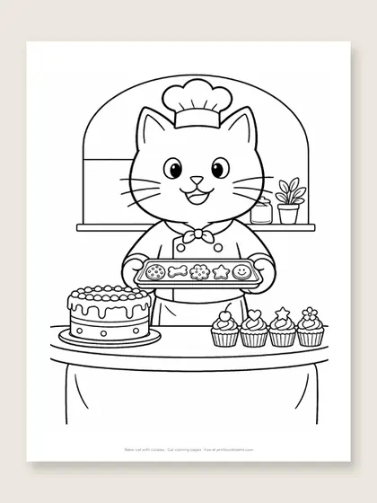 Baker cat with cookies: cat coloring page