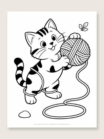 Kitten playing with yarn: cat coloring page