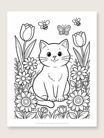 Cat in a flower garden: cat coloring page