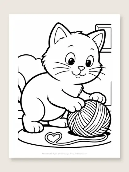 Kitten with a ball of yarn: cat coloring page
