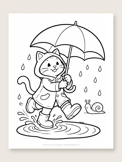 Cat in the rain: cat coloring page
