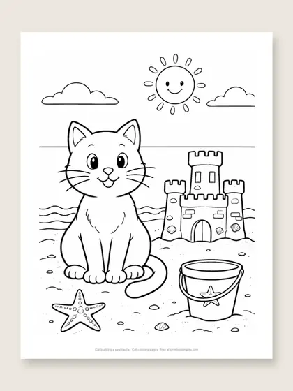 Cat building a sandcastle: cat coloring page