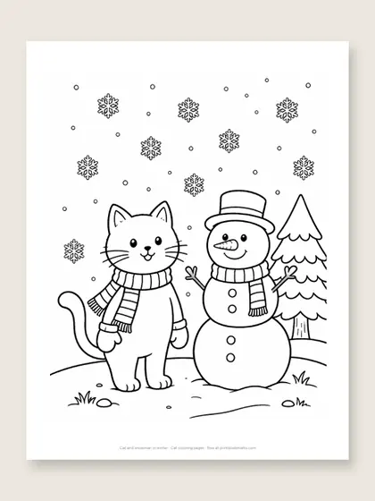 Cat and snowman in winter: cat coloring page