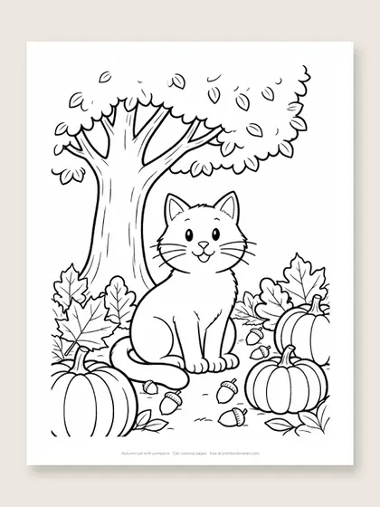 Autumn cat with pumpkins: cat coloring page