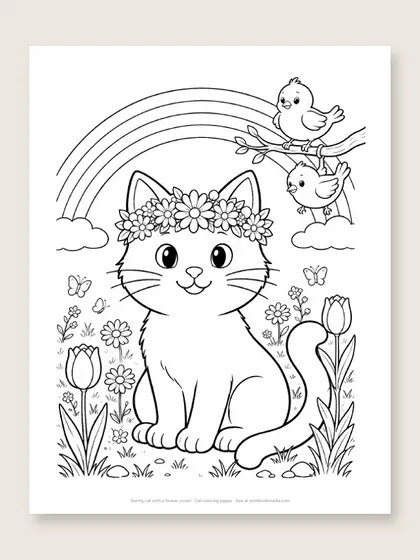 Spring cat with a flower crown: cat coloring page