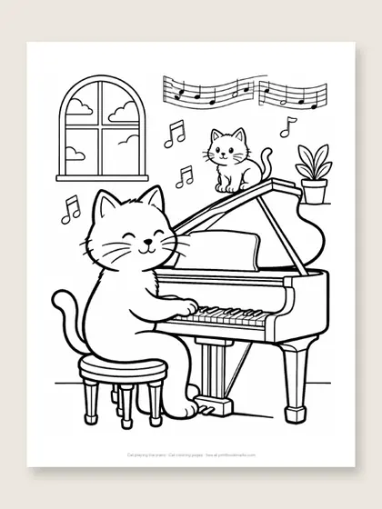 Cat playing the piano: cat coloring page