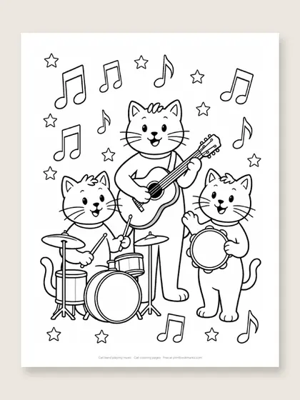 Cat band playing music: cat coloring page