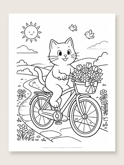 Cat riding a bicycle: cat coloring page