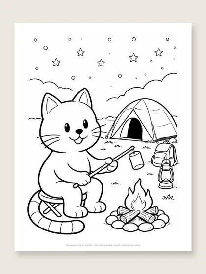Camping cat by a campfire: cat coloring page