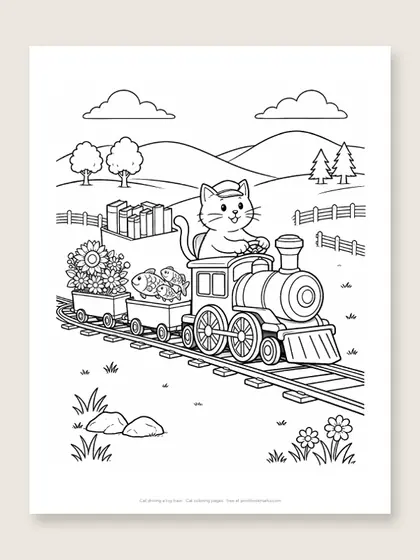 Cat driving a toy train: cat coloring page