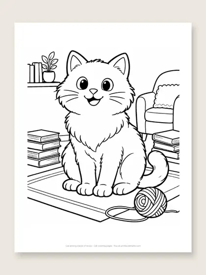 Cat among stacks of books: cat coloring page