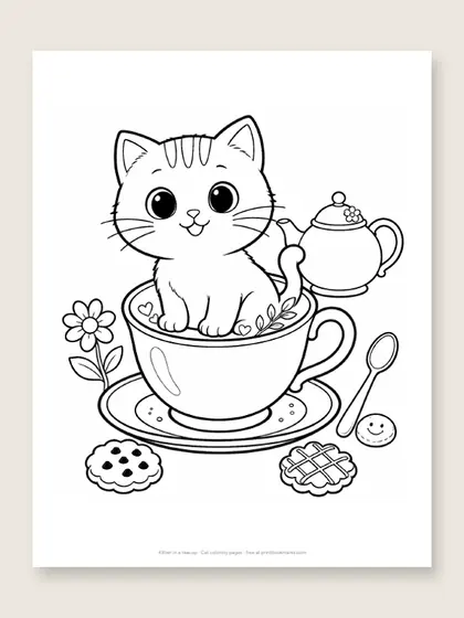 Kitten in a teacup: cat coloring page