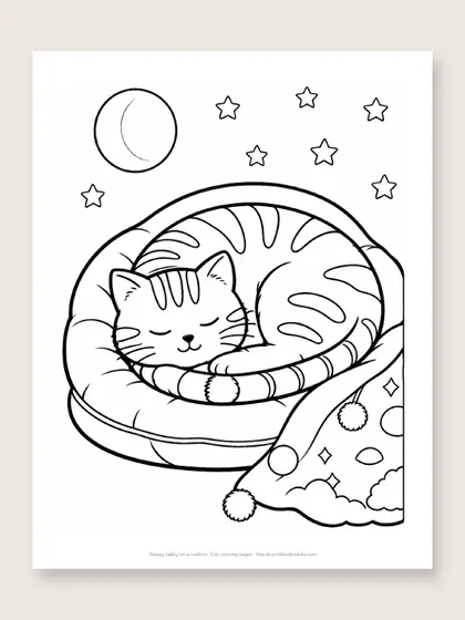 Sleepy tabby on a cushion: cat coloring page
