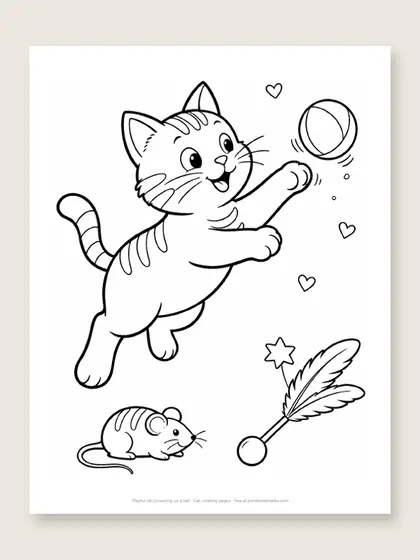 Playful cat pouncing on a ball: cat coloring page