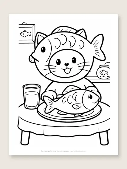 Cat enjoying a fish dinner: cat coloring page