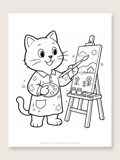 Artist cat at an easel: cat coloring page