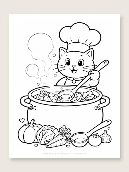 Chef cat stirring soup: cat coloring page