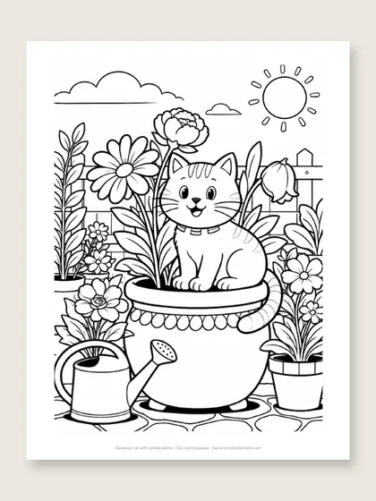 Gardener cat with potted plants: cat coloring page