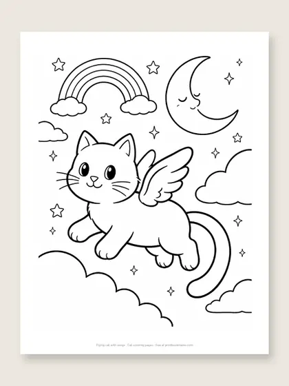 Flying cat with wings: cat coloring page