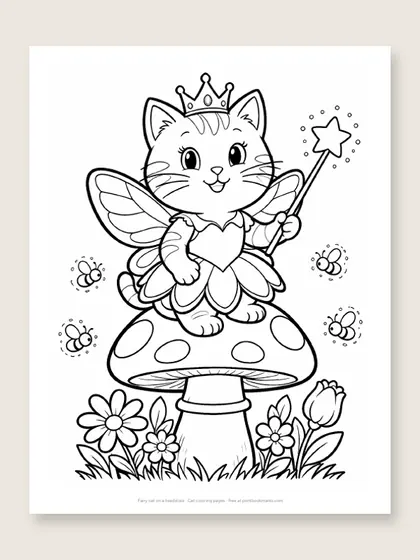 Fairy cat on a toadstool: cat coloring page