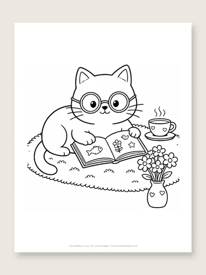 Cat reading on a rug: cat coloring page