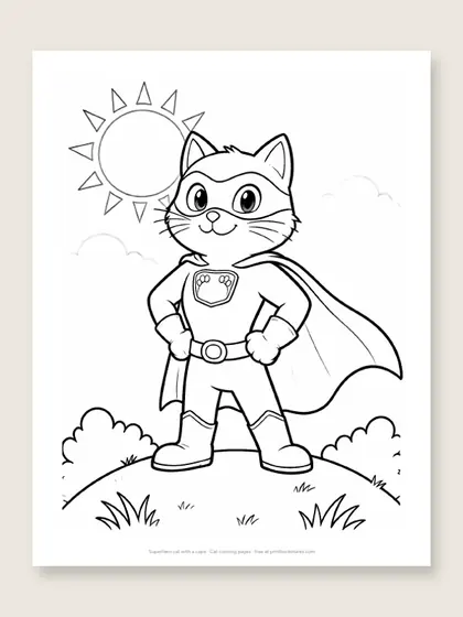 Superhero cat with a cape: cat coloring page