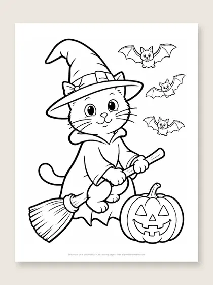 Witch cat on a broomstick: cat coloring page