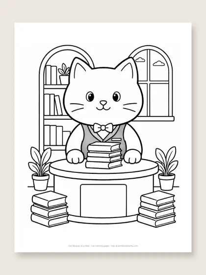 Cat librarian at a desk: cat coloring page