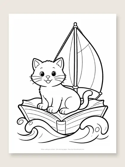 Kitten sailing on a book: cat coloring page