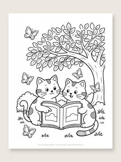 Two cats sharing a storybook: cat coloring page