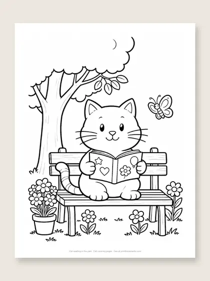Cat reading in the park: cat coloring page