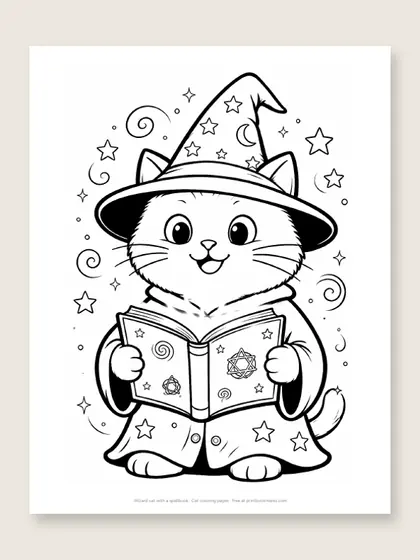 Wizard cat with a spellbook: cat coloring page