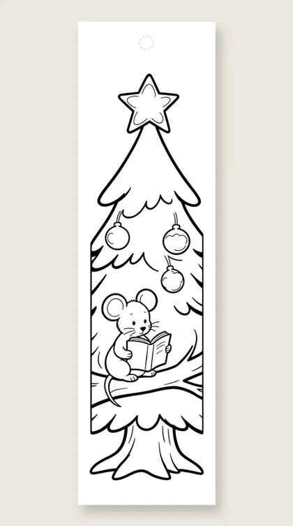 Mouse reading on a branch: Christmas tree coloring bookmark